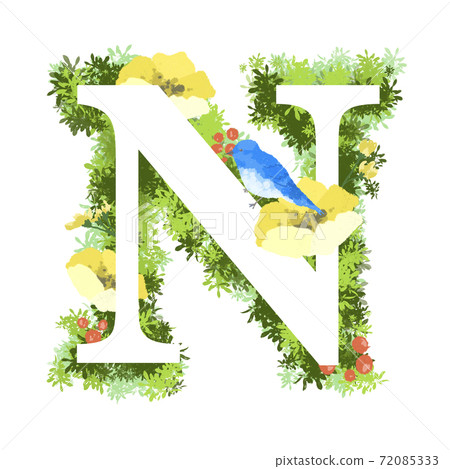 English font with illustrations of fashionable flowers and blue birds N English font with illustrations of fashionable flowers and blue birds N 72085333