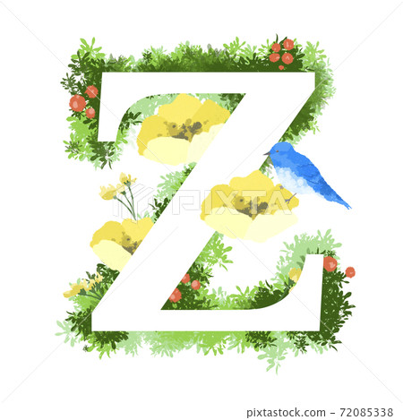 English font Z with illustrations of fashionable flowers and blue birds English font Z with illustrations of fashionable flowers and blue birds 72085338