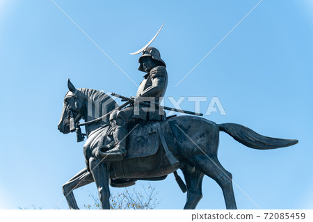 Aoba Castle Ruins, Statue of Masamune Date in the Blue Sky Miyagi Sendai Aoba Castle Ruins, Statue of Masamune Date in the Blue Sky Miyagi Sendai 72085459