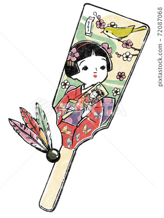 羽毛板和羽毛印花風格，一個穿著陽光衣服的女孩和一個住在梅花樹枝上的公雞 72087068