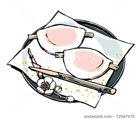 Petal rice cake with white plum branches and black letters, brush drawing and matte painting 72087070