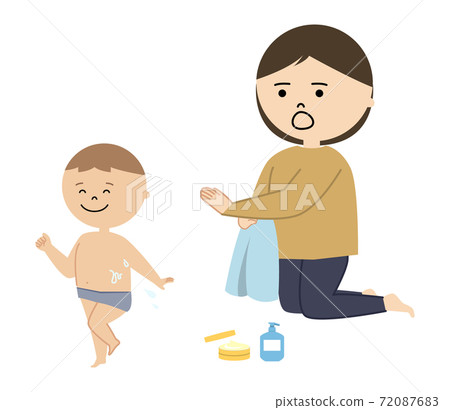 一個男孩洗完澡後和拿著毛巾的女人的插圖 72087683