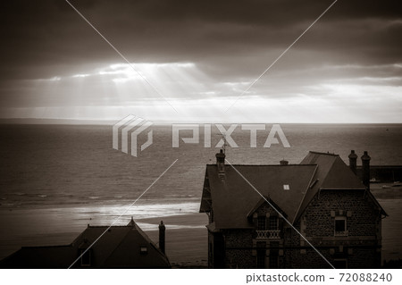 Pleneuf Val Andre city and beach view at sunset, Brittany, France. Black and white 72088240