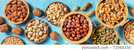 Nuts assortment panorama with many different nuts 72088330
