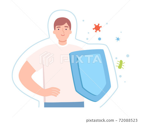 Healthy Man with Shield Surrounded by Invisible Barrier for Bacterial Attack Vector Illustration Healthy Man with Shield Surrounded by Invisible Barrier for Bacterial Attack Vector Illustration 72088523