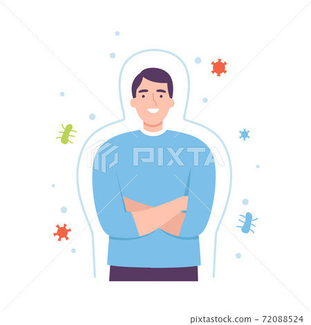 Healthy Man Surrounded by Invisible Barrier for Bacterial Attack Vector Illustration Healthy Man Surrounded by Invisible Barrier for Bacterial Attack Vector Illustration 72088524