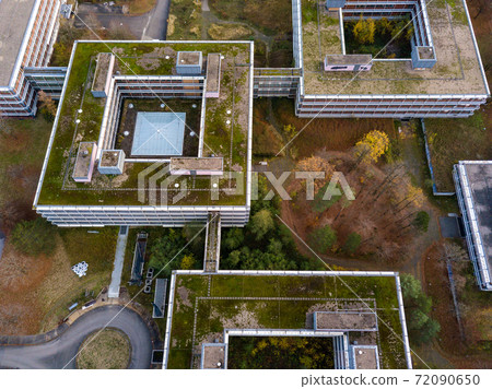Aerial detail view of the famous Eiermann Campus in Stuttgart that was planned by famous Bauhaus architect Egon Eiermann from 1965 on and was used as an office space until 2009. Since then it is 72090650