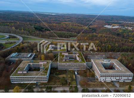 Aerial view over the famous Eiermann Campus in Stuttgart over the highway A8 towards Leonberg. The Eiermann Campus was planned by famous Bauhaus architect Egon Eiermann from 1965 on and was used as an 72090652