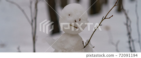 Snow man had been done by children in the yard. He is very sad. Theme of joyless emotions. Cold white snow around him. Loneliness concept. 72091194