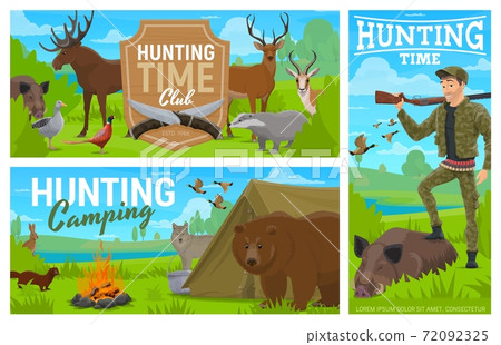 Hunting camping, club vector cartoon banners set 72092325