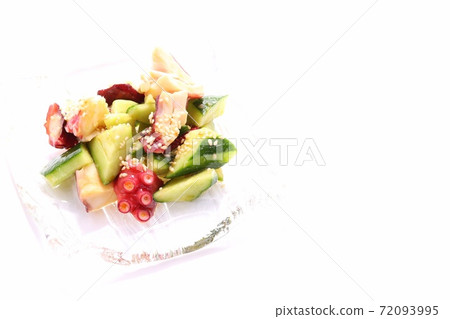 Octopus and cucumber vinegared glass plate white background 72093995
