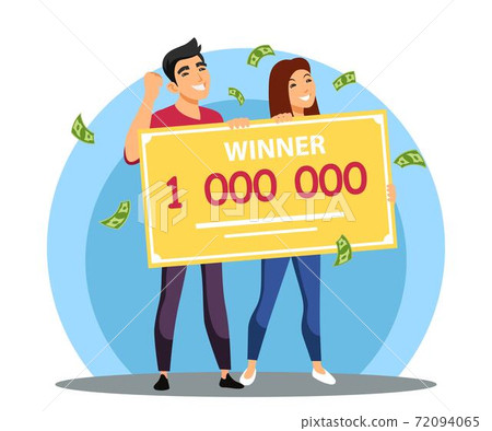 Happy lucky couple holds million bank check, won money prize 72094065