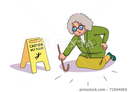 Scared elderly woman falling near Caution wet floor yellow sign Scared elderly woman falling near Caution wet floor yellow sign 72094069