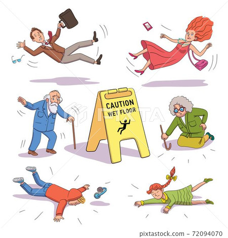 People falling near Caution wet floor yellow sign People falling near Caution wet floor yellow sign 72094070