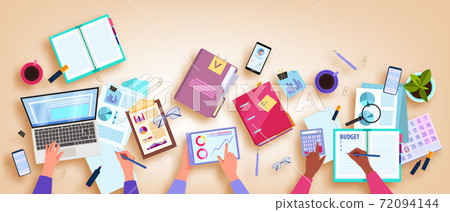 Financial audit and budget planning vector illustration with hands, table flat lay,laptop,smartphone Financial audit and budget planning vector illustration with hands, table flat lay,laptop,smartphone 72094144