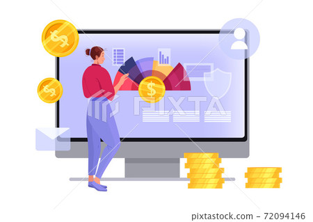 Personal budget planning and online monthly tax payment illustration with woman, computer screen Personal budget planning and online monthly tax payment illustration with woman, computer screen 72094146
