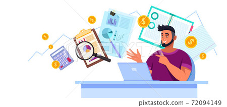 Financial audit analysis vector illustration with young man consultant, laptop, charts, magnifier Financial audit analysis vector illustration with young man consultant, laptop, charts, magnifier 72094149