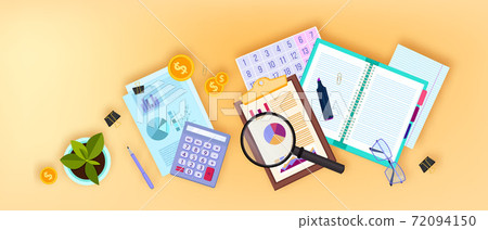 Financial audit business vector illustration with flat lay documents,magnifier, calculator, glasses Financial audit business vector illustration with flat lay documents,magnifier, calculator, glasses 72094150