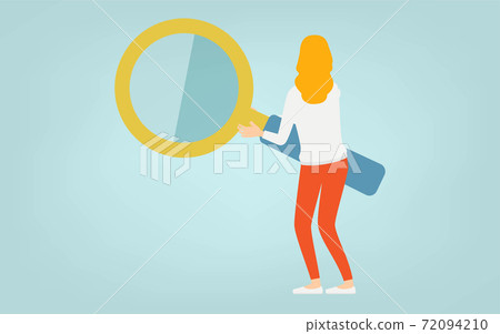 Back view of a woman doing research with a large magnifying glass Back view of a woman doing research with a large magnifying glass 72094210