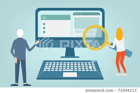 A woman doing research on a computer at the... - Stock Illustration ...