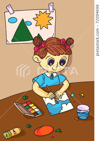 Cute girl painting watercolor picture at school or kindergarten lesson Cute girl painting watercolor picture at school or kindergarten lesson 72094698