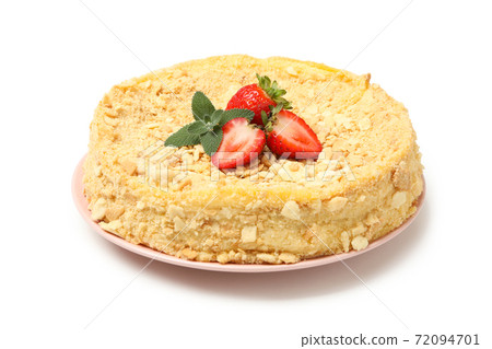 Plate with Napoleon cake with strawberry isolated on white background 72094701
