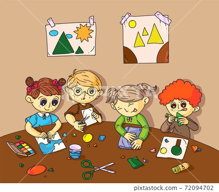 Girls and boys paint, cut paper crafts at workshop Girls and boys paint, cut paper crafts at workshop 72094702