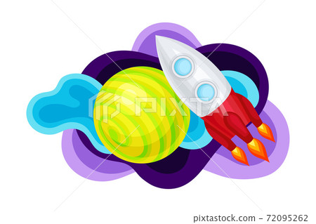 Fluid Purple Shape with Solar System Planet and Flying Space Ship Vector Illustration Fluid Purple Shape with Solar System Planet and Flying Space Ship Vector Illustration 72095262