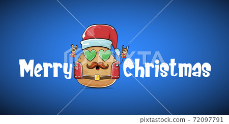 vector rock star santa potato funny cartoon cute character with with red santa hat and calligraphic merry christmas text isolated on blue horizontal background. rock n roll christmas party banner vector rock star santa potato funny cartoon cute character with with red santa hat and calligraphic merry christmas text isolated on blue horizontal background. rock n roll christmas party banner 72097791