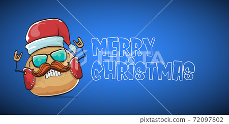 vector rock star santa potato funny cartoon cute character with with red santa hat and calligraphic merry christmas text isolated on blue horizontal background. rock n roll christmas party banner 72097802
