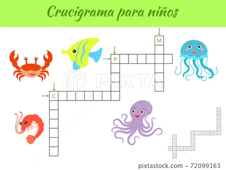 Crossword for kids. Crossword game with pictures. Kids activity worksheet colorful printable version. Educational game for study Spanish words. Vector stock illustration. Crossword for kids. Crossword game with pictures. Kids activity worksheet colorful printable version. Educational game for study Spanish words. Vector stock illustration. 72099163