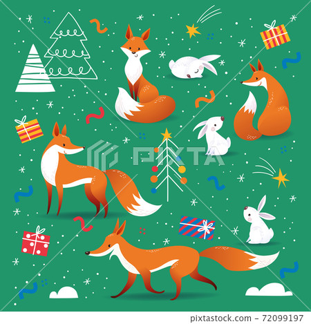 New Year holidays background in Nordic Scandinavian hand drawn style with cute foxes 72099197