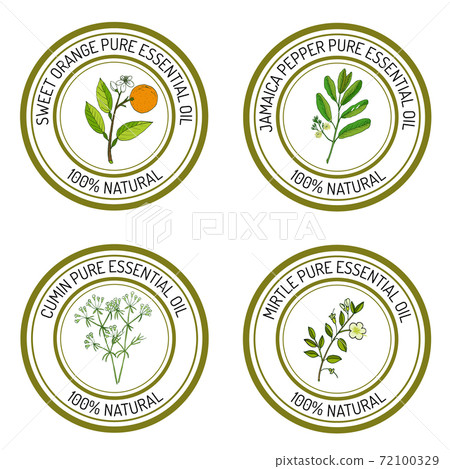 Set of essential oil labels sweet orange, jamaica pepper, cumun 72100329