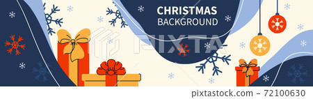 Christmas balls, gifts, snowflakes and greeting text. Horizontal Christmas banner, headers, sites. Flat modern design. Vector Christmas balls, gifts, snowflakes and greeting text. Horizontal Christmas banner, headers, sites. Flat modern design. Vector 72100630
