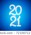 Glowing neon sign 2021 with wires, tubes and brackets. Vector element for New Year card, logo, calendar or other design. 72100712