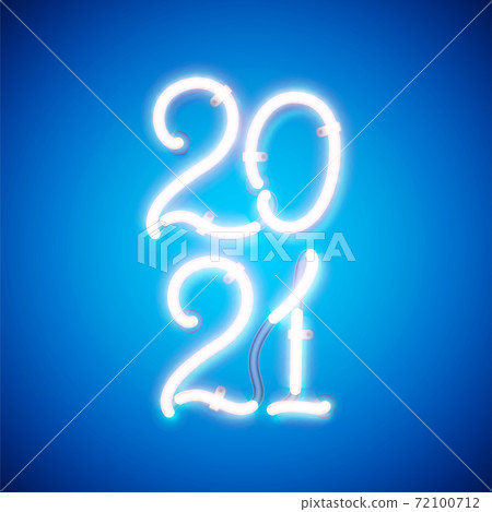 Glowing neon sign 2021 with wires, tubes and brackets. Vector element for New Year card, logo, calendar or other design. 72100712