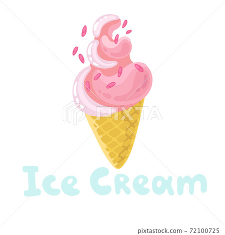 Cartoon ice cream. Colorful ice cream wafer cones and popsicles. Summer sweet food. Pink topping isolated on white background. Vector illustration for web design, print. Floating doodle flat style. 72100725