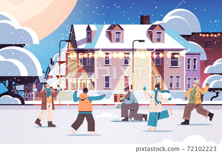 mix race people in masks having winter fun men women walking outdoor coronavirus quarantine concept 72102223