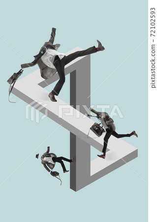 Contemporary art collage. Young men without head wandering in a maze. Creativity, brain concept . 72102593