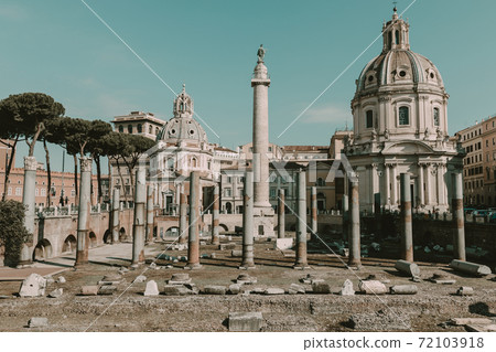 Panoramic view of Trajan's Forum and Column in Rome, far away the Church Panoramic view of Trajan's Forum and Column in Rome, far away the Church 72103918