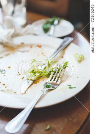 Empty dirty plate left after dinner on table Empty dirty plate left after dinner on table 72106246