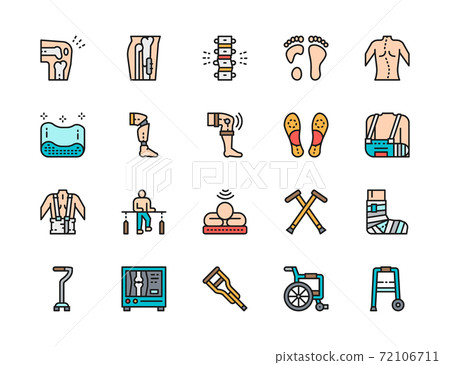 Set of Medical Rehabilitation Flat Color Icons. Prosthesis, Bandage and more. 72106711