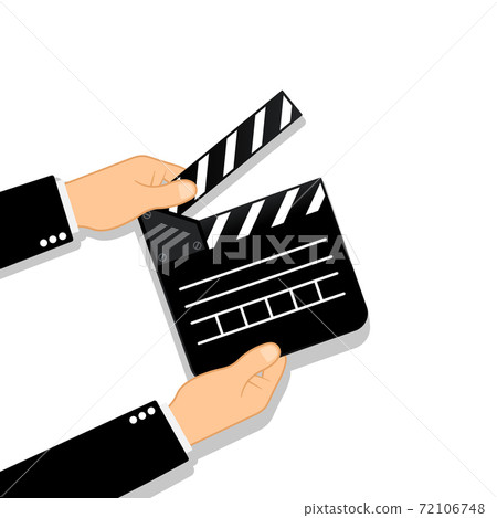 Movie clapperboard in human hands. Film icon. Cinematography concept. Vector on isolated background. Eps 10. 72106748