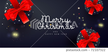 Fantasy Merry Christmas and Happy New Year poster with decor gift box, on dark background for poster, holiday banner, flyer, stylish brochure, greeting card. Flat lay, top view. 72107322
