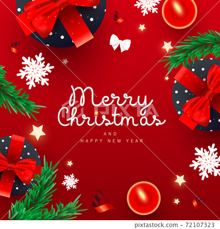 Happy New Year background with numbers date 2021. Xmas gifts box, festive decorative snow, fir pine and fire candle on bright red background. Flat lay, top view. Happy New Year background with numbers date 2021. Xmas gifts box, festive decorative snow, fir pine and fire candle on bright red background. Flat lay, top view. 72107323