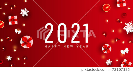 2021 Happy New Year and Merry Christmas minimal festive banner. Xmas gift box, love shapes, geometric circles on gradient red background with place for text. Flat lay, top view. 2021 Happy New Year and Merry Christmas minimal festive banner. Xmas gift box, love shapes, geometric circles on gradient red background with place for text. Flat lay, top view. 72107325
