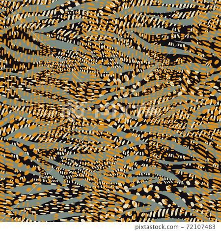 Simple geometric modern ornament. Stylish dash lines seamless pattern. Hand drawn dashed doodle elements texture. Abstract illustration with bold dotted lines forming zebra tiger leopard skin texture. 72107483