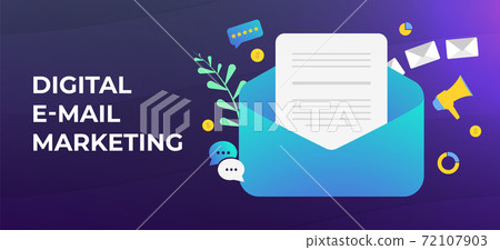 Digital Email Marketing and lead generation concept. Create personalized emails with leverage social media followers, identify target audience. Drip advertising e-mail newsletter campaign. 72107903