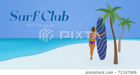 Surf Club vector illustration. Young sexy sporty surfing girl hugs a surfboard while standing on the white sand beach with palm and looking through the ocean against a blue sky. Sport banner concept. Surf Club vector illustration. Young sexy sporty surfing girl hugs a surfboard while standing on the white sand beach with palm and looking through the ocean against a blue sky. Sport banner concept. 72107906