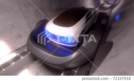 Underground high-speed transport. Personal transport riding on a platform underground in a tunnel. 3d illustration Underground high-speed transport. Personal transport riding on a platform underground in a tunnel. 3d illustration 72107916